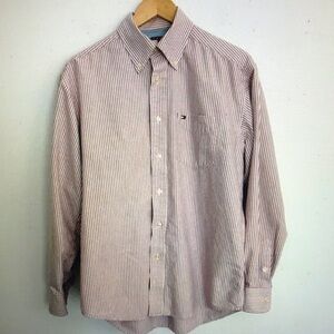 Tommy Hilfiger Men's Red and White Striped Button Down Shirt